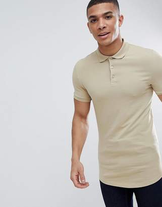 BEIGE Asos Design ASOS DESIGN longline muscle fit jersey polo with curved hem in