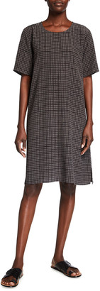 Eileen Fisher Grid Round-Neck Boxy Crepe Shift Dress
