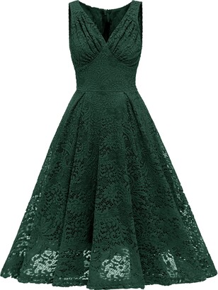 Bright Deer Women's Vintage Lace Midi Dress Bridesmaid Wedding Guest Milkmaid Prom Skater Cocktail Evening Party Formal Special Occasion Outfits 14 XL Black