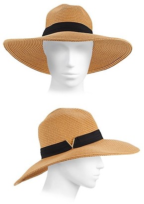 Vince Camuto V-Logo Grosgrain-Band Straw Hat