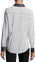 Thumbnail for your product : Go Silk Leather-Trim Striped Poplin Shirt