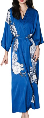 HAINE Ladies Silk Satin Dressing Gown Long Kimono Robe Size UK 8-18 