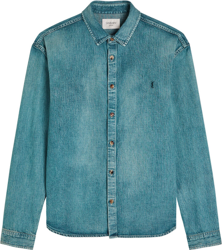 Saint Laurent Logo-embroidered Faded Denim Shirt
