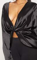 Thumbnail for your product : PrettyLittleThing Plus Mocha Satin Twist Front Long Sleeve Blouse