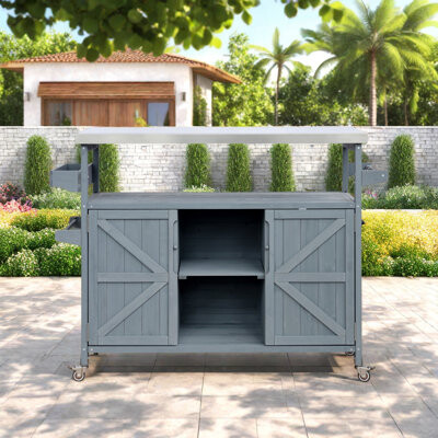 Gracie Oaks Outdoor Kitchen Island with Rolling Bar Cart and Storage Cabinet