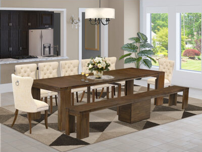 Luxe by East West Furniture 10 Pieces Extendable Dining Set Includes a Xtenczar Kitchen Table 1 Coffee Table 7 Light Beige Polyester Dining Chairs and 1 Modern Bench Antique W