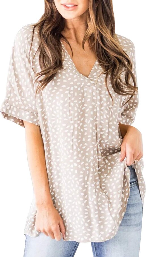 Womens Dot Print Casual Tops 3/4 Sleeve Button Down Loose Casual Tunic T Shirts 