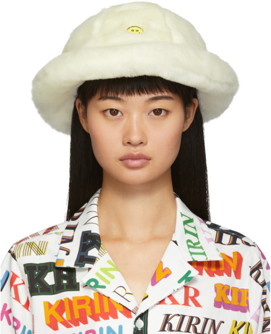 white faux fur bucket hat