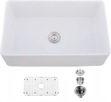 Topcraft 33" x 20" White Ceramic Single Bowl Farmhouse Kitchen Sink, Apron-Front Sink With Basket Strainer & Grid