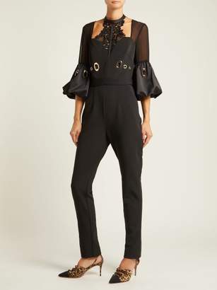 Self-Portrait Balloon Sleeve Lace And Crepe Jumpsuit - Womens - Black