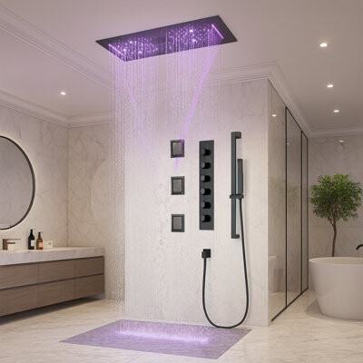 FontanaShowers Bergamo Matte Black LED Smart Shower System with Touch Panel Body Jets and Handheld Sprayer