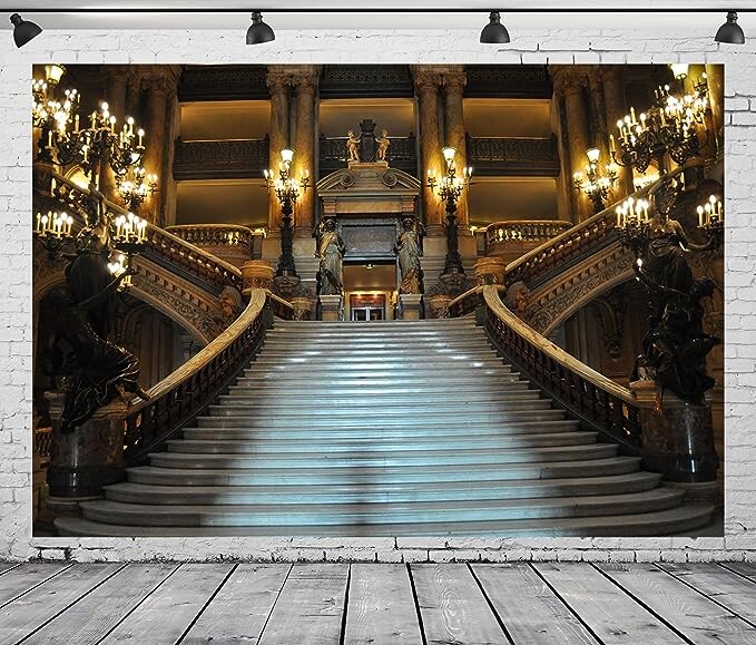 BELECO 12x8ft Fabric Opera House Backdrop Paris Opera Theatre Garnier Stairway Chandelier Sculpture Baroque Interiors Luxurious Palace Hall Backdrop Birthday Wedding Photoshoot Portrait Photo Props