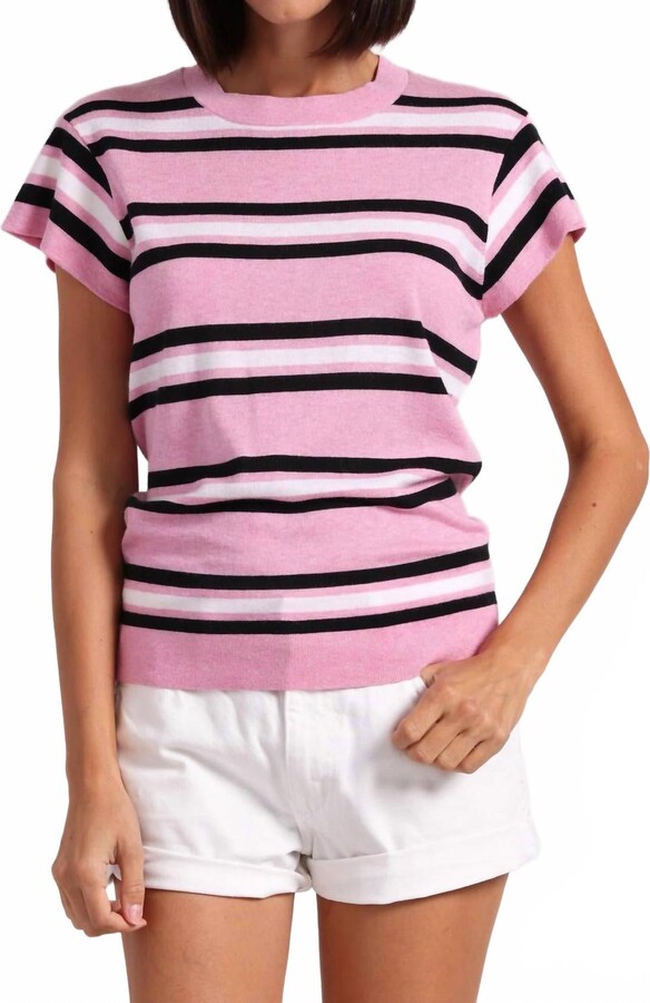 Minnie Rose Supima Cotton Cashmere Multi Stripe Cap Sleeve Crew In Navy