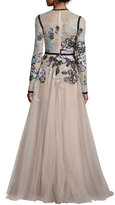 Thumbnail for your product : Elie Saab Floral-Embroidered Long-Sleeve Gown, Blush/Multi