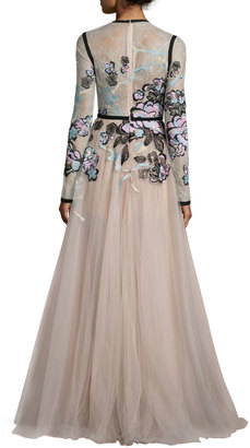 Elie Saab Floral-Embroidered Long-Sleeve Gown, Blush/Multi