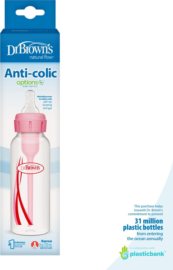 Dr Browns Dr. Brown’s Natural Flow Anti-Colic Options+ Narrow Baby Bottle, Pink, 8oz, Slow Flow, 0m+, 1 Pack