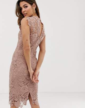 Paper Dolls high neck lace midi dress in taupe