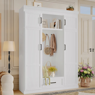RTYUSWL 85.2''H 3-In-1 Hall Tree With Bench And Drawer, Modern Entryway Bench With 3 Hooks And Adjustable Shelves, Farmhouse Mudroom Entryway Coat Rack With M