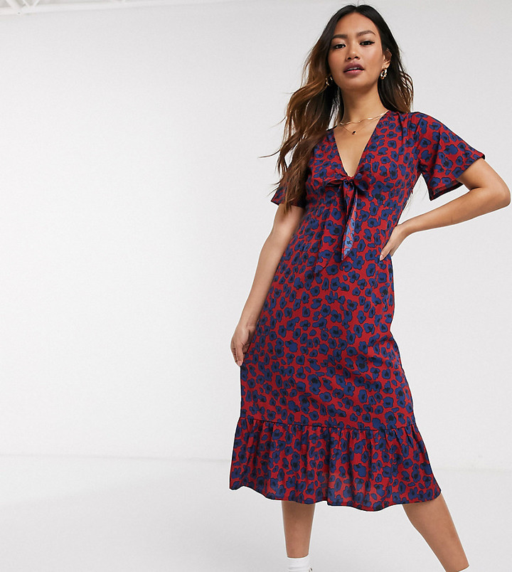 Wednesday's Girl midi dress with tie front in smudge floral print