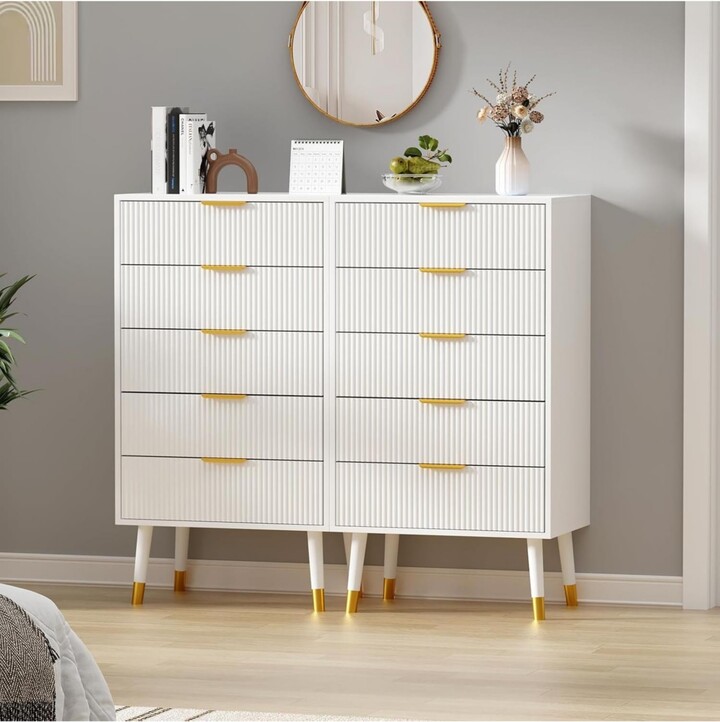 Gaomon 5-Drawer Modern Wooden Dresser for Bedroom, Chest of Drawers with Storage Cabinet Organizer Unit and Fluted Design