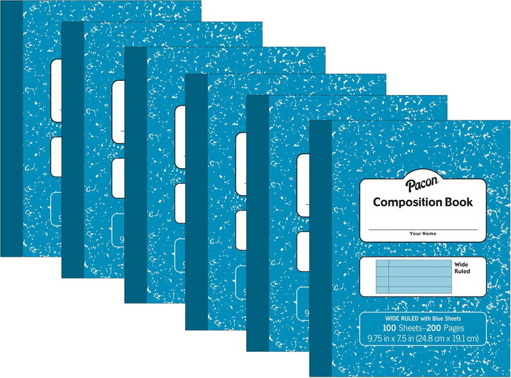 Pacon Pastel Composition Book, Blue Marble Cover, Light Blue Sheets, 3/8" Ruled, 9-3/4" x 7-1/2", 100 Sheets, Pack of 6