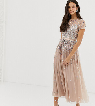 Maya cap sleeve midaxi dress with applique delicate sequins in taupe blush
