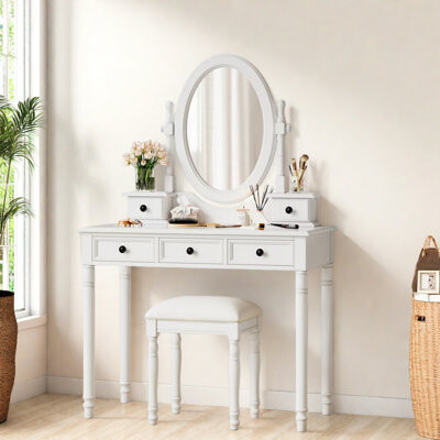 Vanity Desk With Adjustable Angle Mirror, Cushioned Stool And 5 Drawers
