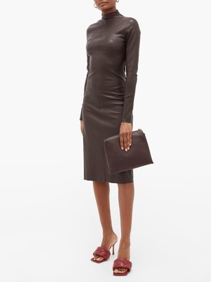 Bottega Veneta High-neck Leather Midi Dress - Dark Brown