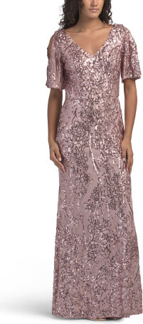 Caroline Flutter Sleeve Sequin Gown for Women | Polyester/Spandex