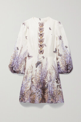 Zimmermann Luminous Cutout Appliqued Printed Linen Mini Dress