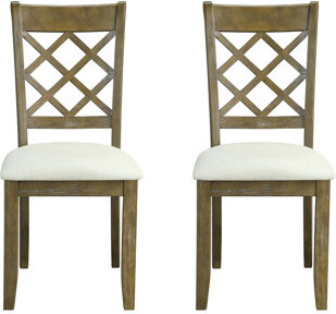 Pair Of Side Chairs With Beige Fabric Padded Seat Cushion, Rustic Oak Finish, Rectangular Design, Cross Back, 3" Thick 17 Inches Depth, 20 Height, Sol