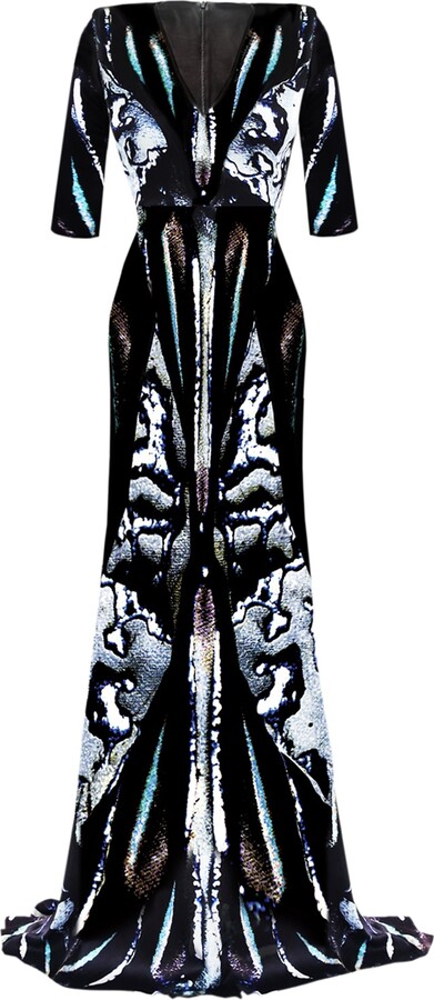Cassandra Hone Blue / Black / White Silk Evening Gown - Beetle Shell Print