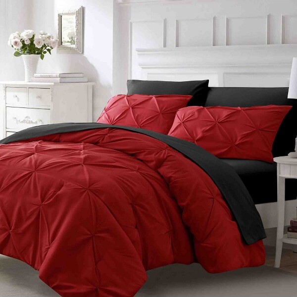 BAGOKIE7PiecesPintuckSolidQueenSizeBed-in-a-BagComforterSet,RedBlack