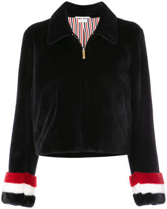 Thom Browne Zip Up Golf Jacket With Red, White And Blue Long Hair Mink Cuffs In Dyed Sheared Mink Fur