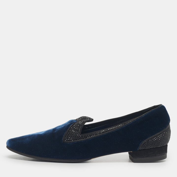 René Caovilla Blue Velvet Crystal Embellished Smoking Slippers Size 35