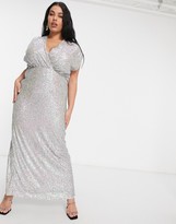 Thumbnail for your product : Jaded Rose Plus exclusive wrap plunge sequin maxi with thigh split in iridescent silver