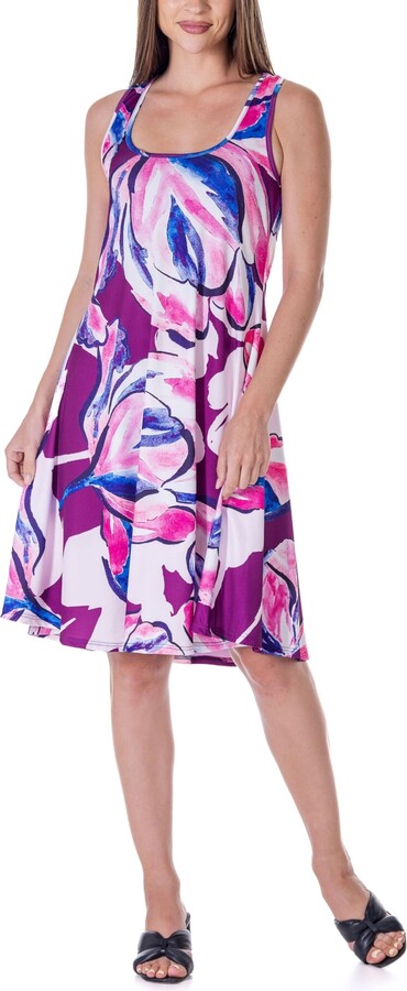 24seven Comfort Apparel Print Sleeveless Knee Length Tank Swing Dress
