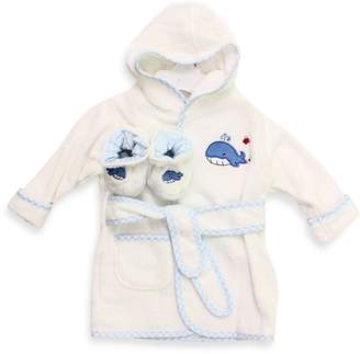 Spasilk Baby Size 0-9M Whale Hooded Terry Bathrobe and Booties Set in White/Blue