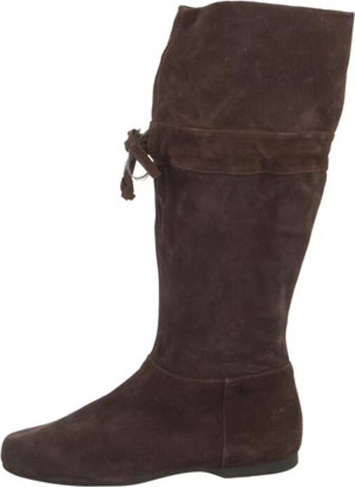 Miu Miu Suede Knee-High Riding Boots Brown Rubber Trim Round-Toes Exposed Zip Closure at Sides Designer