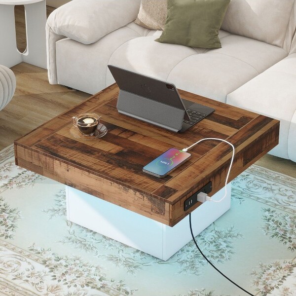 The Misty Moon FarmhouseCoffeeTablewith2USBPortsOutletsLEDLightChargingStationWhite31.4x31.4'