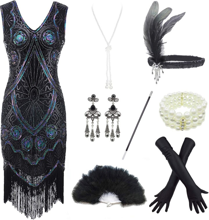 FUNDAISY Women 1920s V-Neck Sequin Gatsby Flapper Fringed Dress with 20s Accessories Set