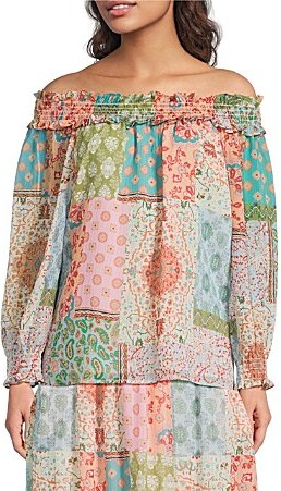 MelloDay Coordinating Patchwork Lurex Chiffon Smocked Off-The-Shoulder Long Sleeve Blouse