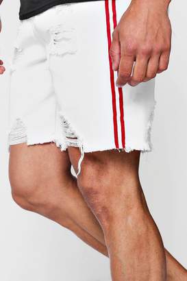 boohoo Distressed Bermuda Denim Shorts with Side Tape