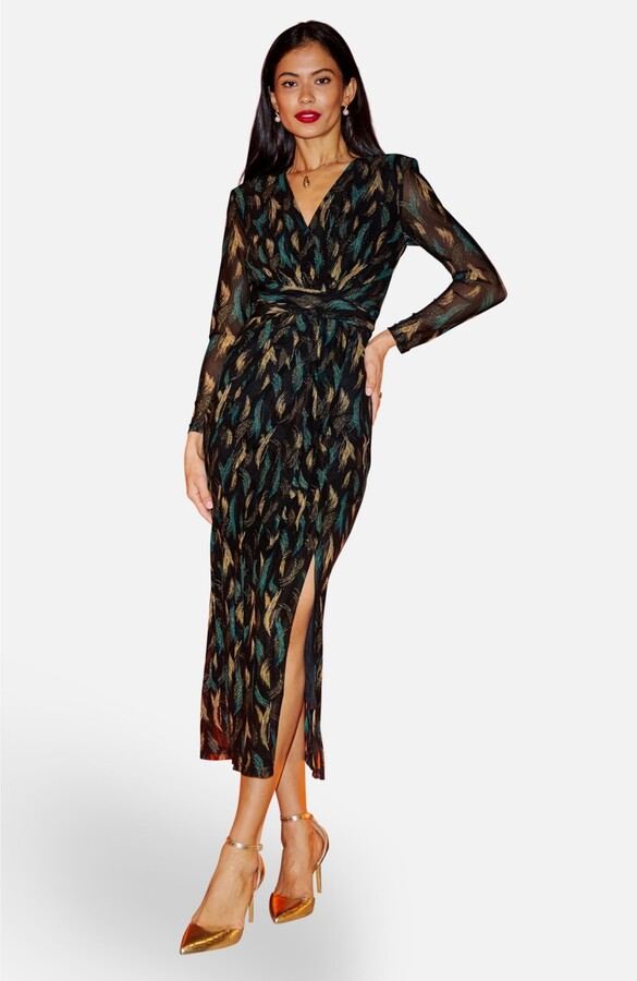 Yumi Women's Metallic Sparkle Mesh Wrap Midi Dress