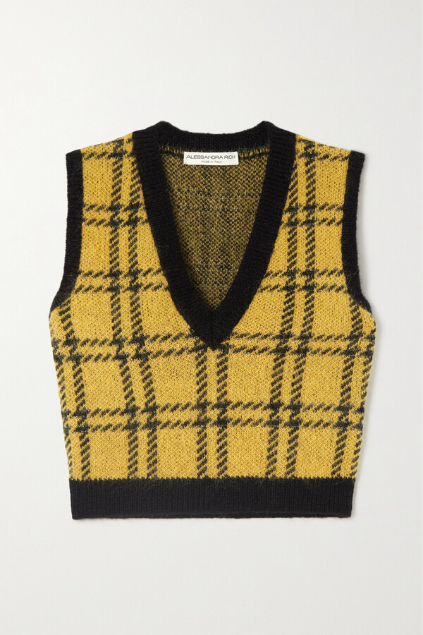 Alessandra Rich Metallic Checked Knitted Vest - Yellow - ShopStyle Tops