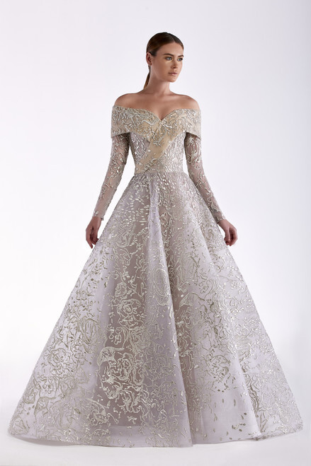 silver off shoulder gown