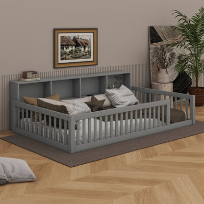 Wood Twin XL Size Floor Bed – With Built-In Storage Cabinets & USB Charging Ports
