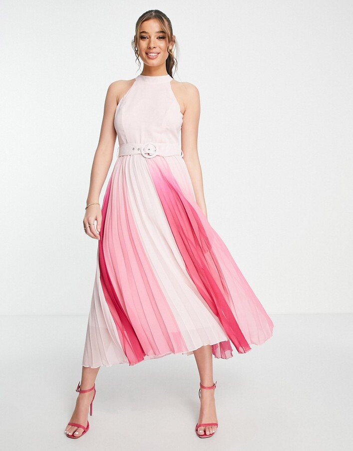 Style Cheat high neck belted pleated midi dress in pink ombre - ShopStyle