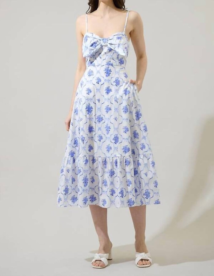 Sugar Lips Nia Floral Perline Bow Midi Dress In White/blue