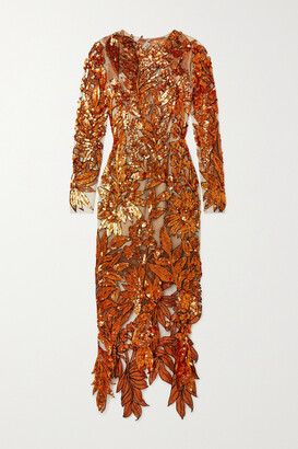 Oscar de la Renta - Sequined Tulle Gown - Orange
